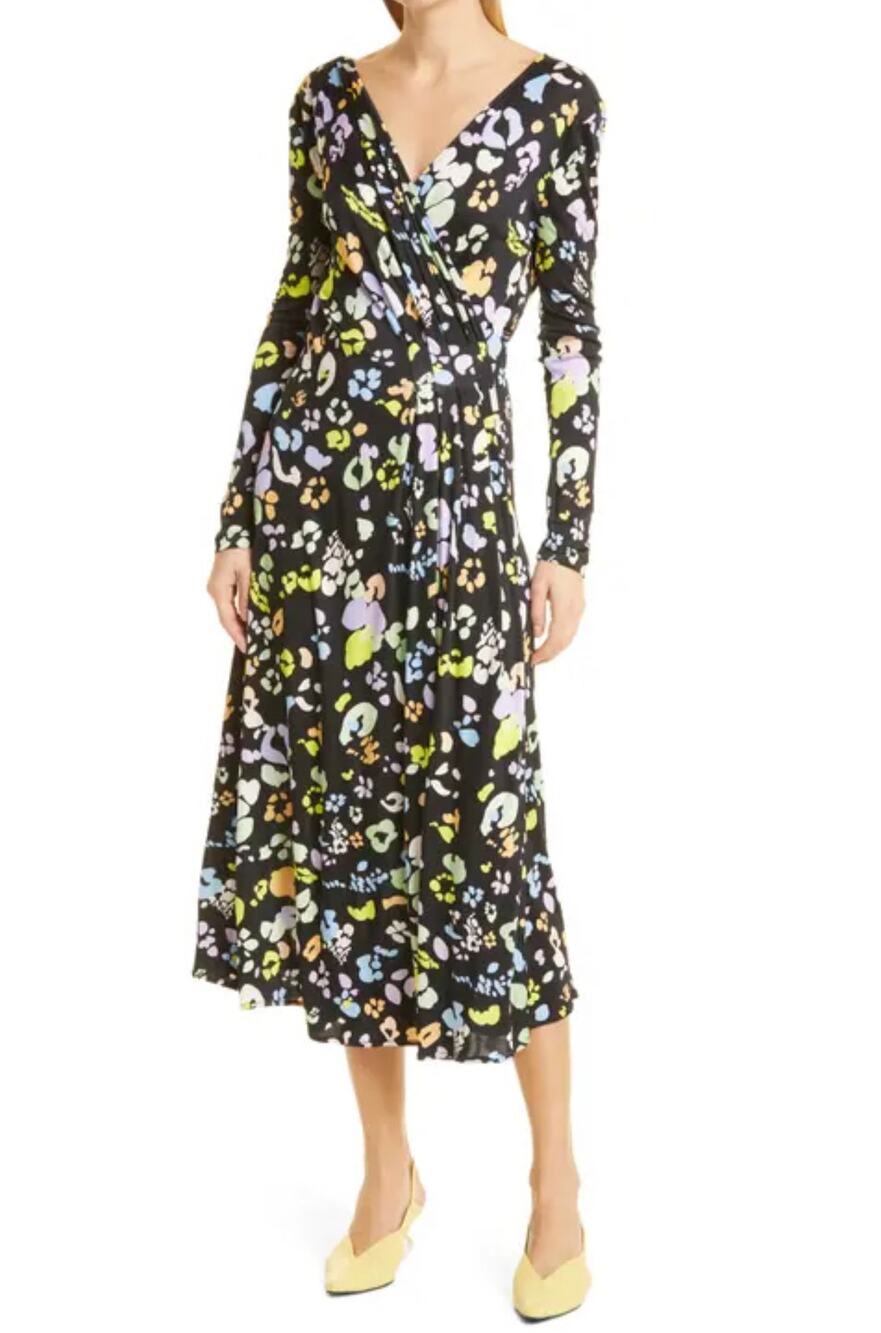 Stine Goya Lola Dress Floral Leopard V-Neck Long Sleeve Faux Wrap Midi, Black